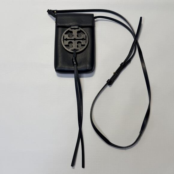 Tory Burch Miller Phone Crossbody Bag Womens Black Leather Logo Medallion Tassel - Picture 2 of 12